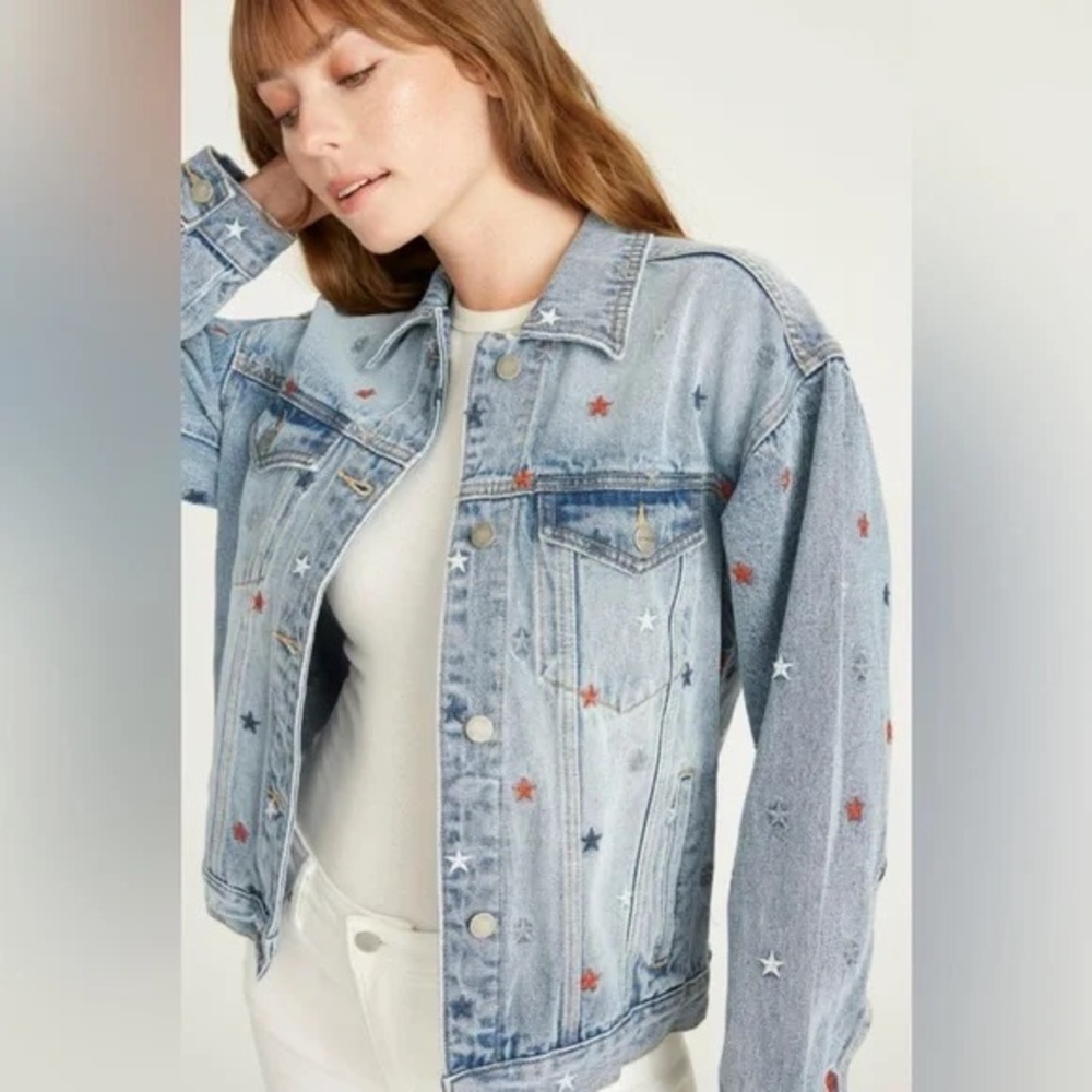 NWT Driftwood Classic Embroidered Denim Jacket Starry Night Americana